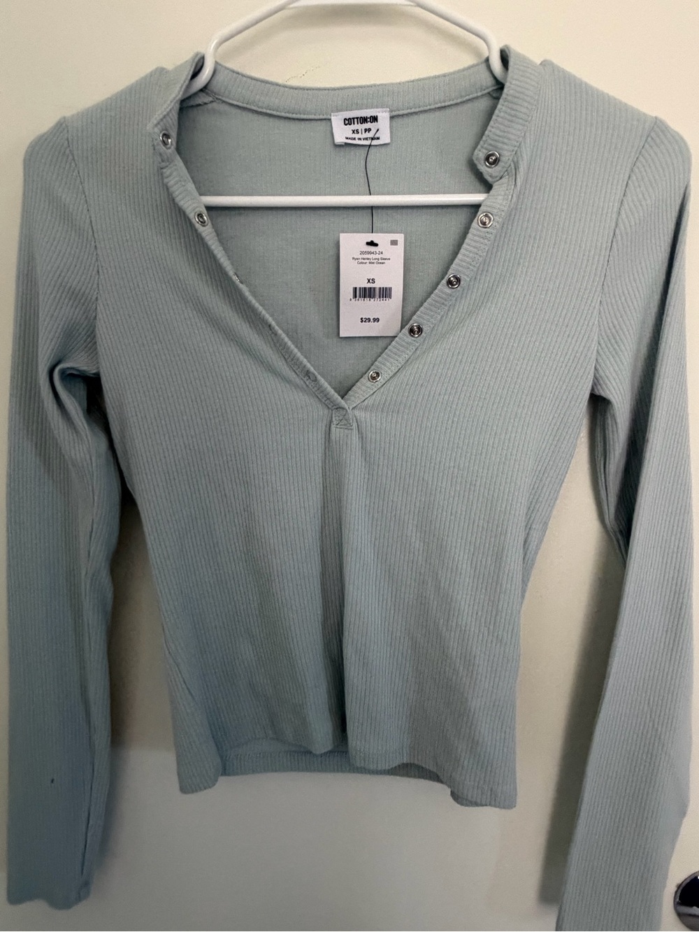 Cotton On Sage Green Ribbed Henley Long Sleeve Top